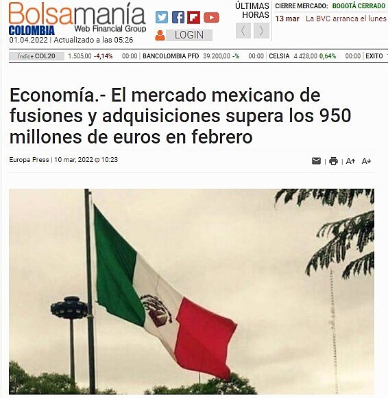 El mercado mexicano de fusiones y adquisiciones supera los 950 millones de euros en febrero